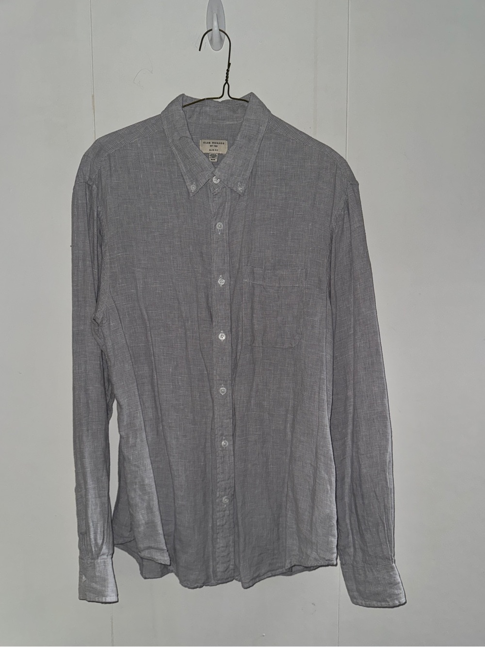 Club Monaco 100% linen pale grey blue check button-up long sleeve shirt
